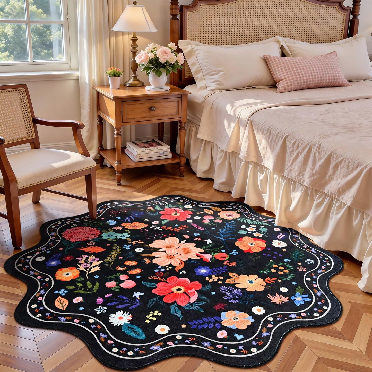 Macgace Black Round Rug for Girls Bedroom, 5ft Machine Washable Floral Area Rugs with Non Slip Backing, Cute Flower Carpet Kitchen Living Room Kids Playroom Decor
