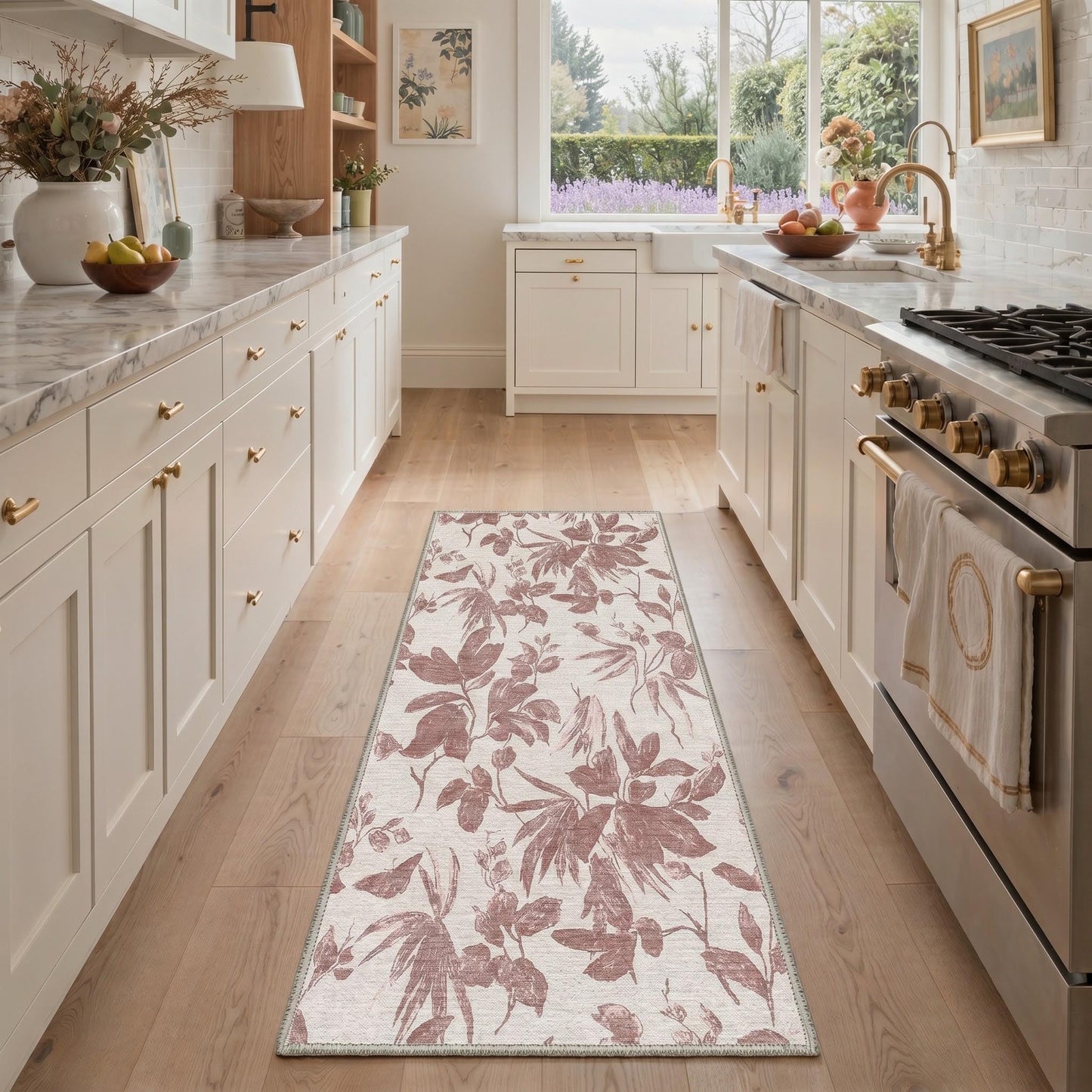 GENIMO 2X5 Hallway Runner, Machine Washable Non Slip Low Pile Soft Rugs, Modern Botanical Botanical Leaves Carpet for Entryway, Kitchen, Dusty Rose