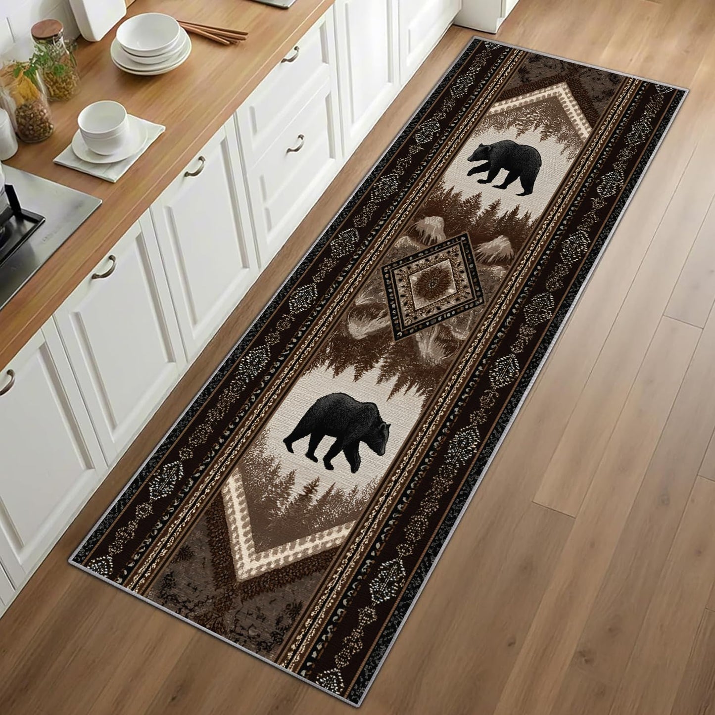 Reocahoo Rustic Cabin Runner Rug 2x8ft, Western Bear Rug for Kitchen, Country Lodge Cabin Rugs, Soft Washable Hallways Mats for Floor - Retro Country Style Home Decor