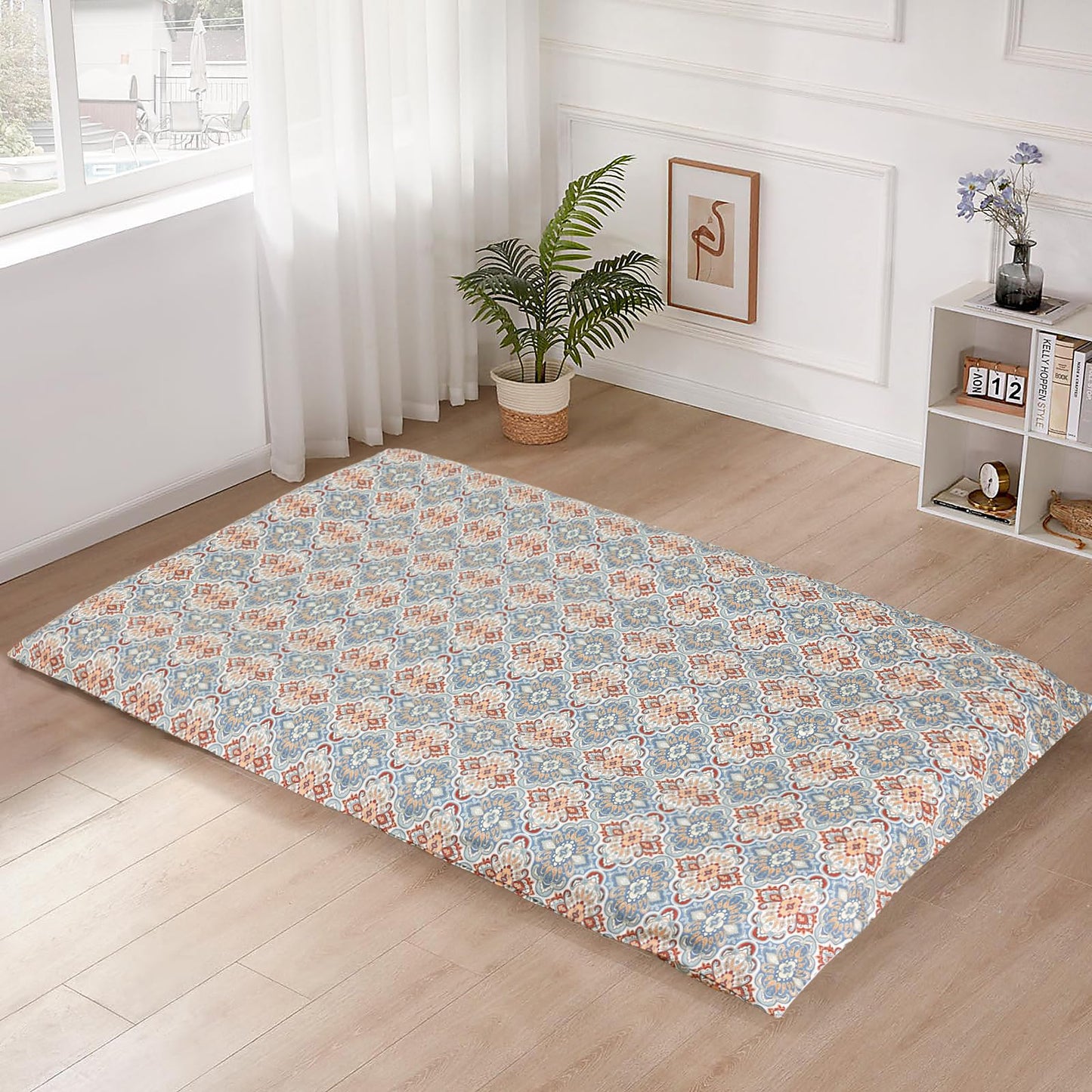 100% Cotton Floor Futon Mattress Cover (Only Cover), Soft Skin-Friendly Washable Zippered Futon Cover for Traditional Japanese Floor Futon Mattress, Tatami Mattress Dustproof Cover (Twin, Flower)