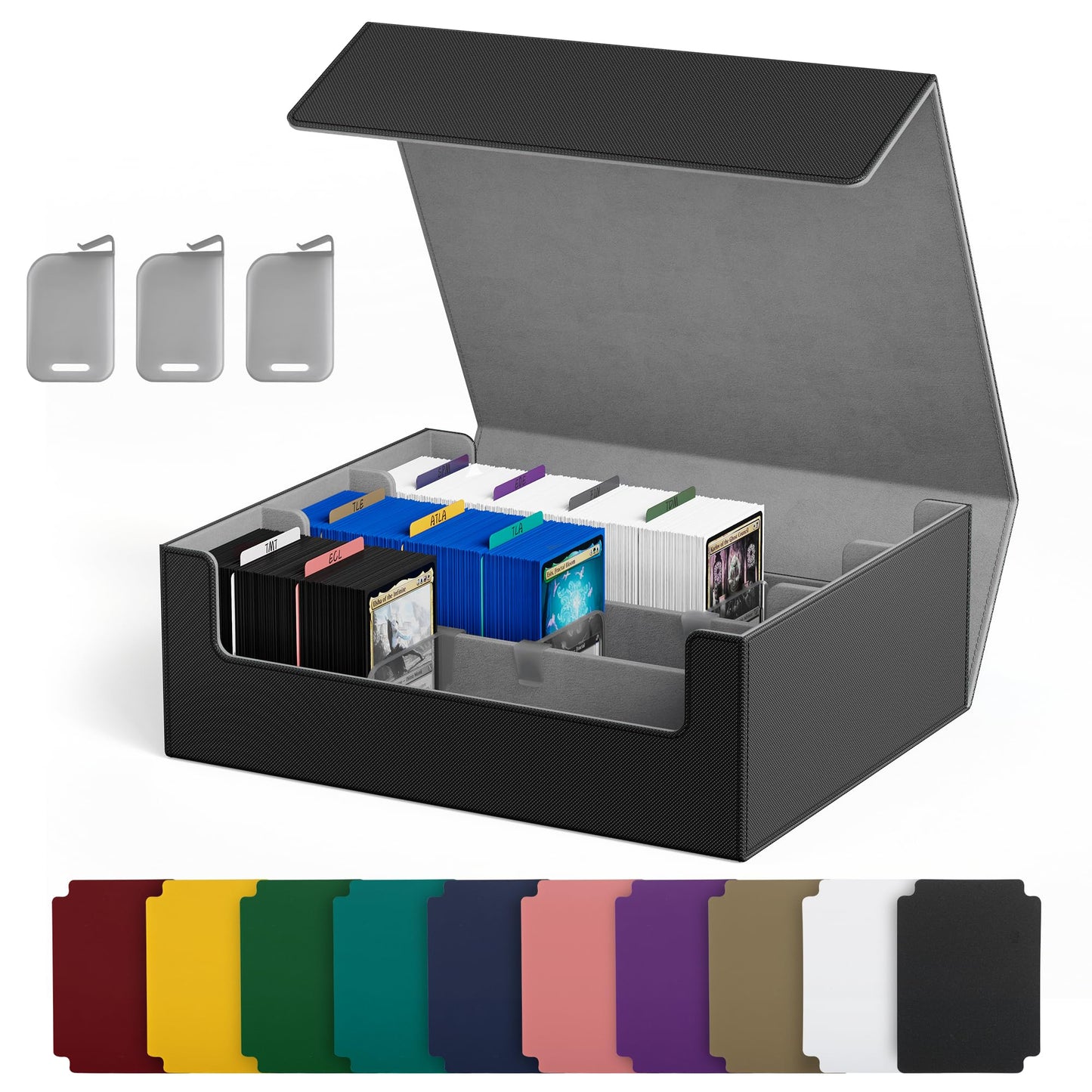 UAONO Trading Card Storage Box, Holds 1800 Sleeved Cards with 10 Dividers & 3 Stoppers, Magnetic Closure PU Leather Card Case for MTG, PTCG, YGO, Sports Cards (Black)