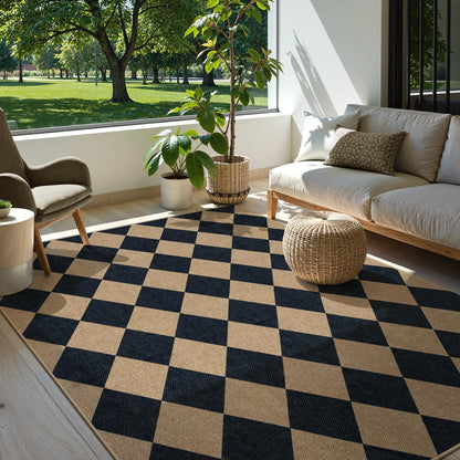 Lanffia Checkered Easy Jute 5x7 Outdoor Rug, Black Washable Rugs 5x7 for Living Room Neutral Indoor Outdoor Carpet, Non Slip Stain Resistant Checkerboard Rug for Backyard Dining Room Classroom