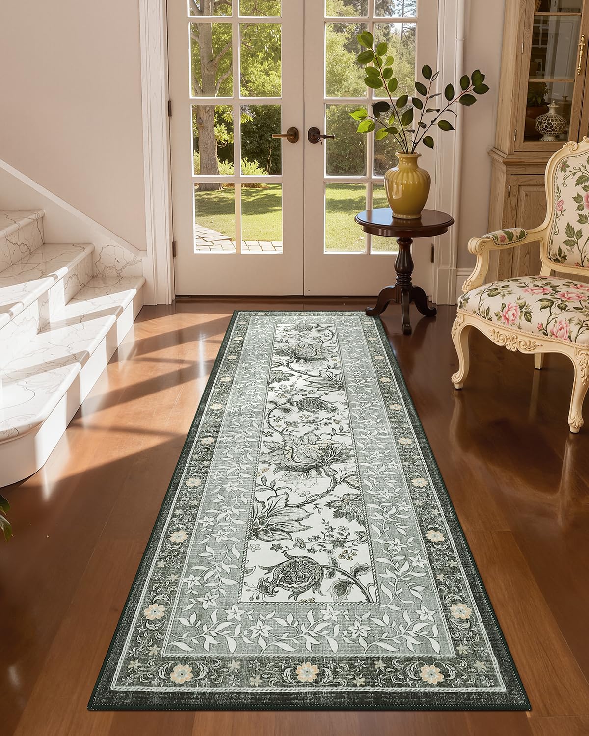GarveeHome Provence Fog 2x6 Washable Kitchen Runner Rugs Non Slip Vintage Boho Cottage Long Rug for Hallways Bedroom Entryway Bathroom Mat with Rubber Back