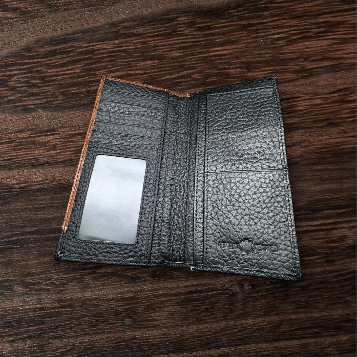 Western Stakes Men's Long Leather Wallet – Western Tooled Bifold Checkbook Organizer with Cowboy Concho (Cowboy Praying, Brown)
