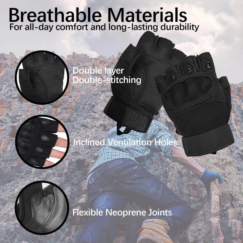 Sutekus Black Fingerless Tactical Gloves with Hard Knuckle Protection for Adults, Outdoor Activities, Sports, Work, Touchscreen Operation (Medium)