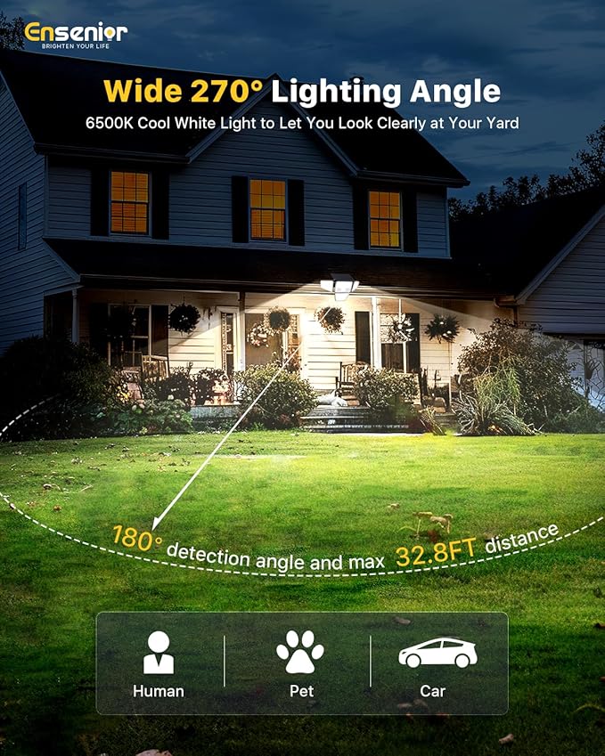 Ensenior Solar Lights Outdoor, IP65 Waterproof Motion Sensor Outdoor Light with Remote Control, 279 LED 4 Heads Solar Security Light with 4 Mode, 270° Wide Angle Solar Flood Light for Outside, 3 Packs