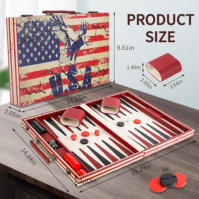 15 Inches Backgammon Sets for Adults Leather Travel Backgammon Set with American Flag Design Classic Board Game for Friends Party or Family Game Night