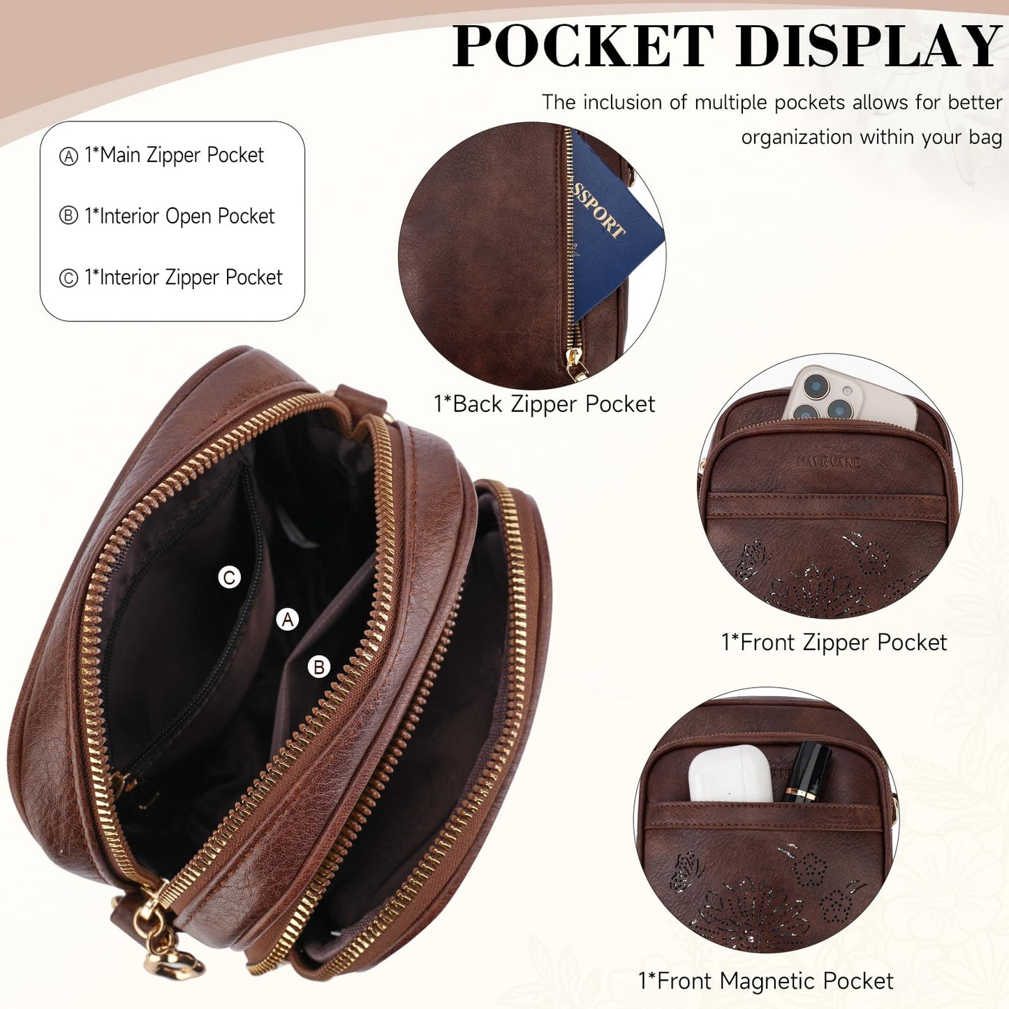HAYRVANE Small Crossbody Bags for Women, RFID Phone Purse with Card Slots, Triple Compartments Lightweight Shoulder Bag