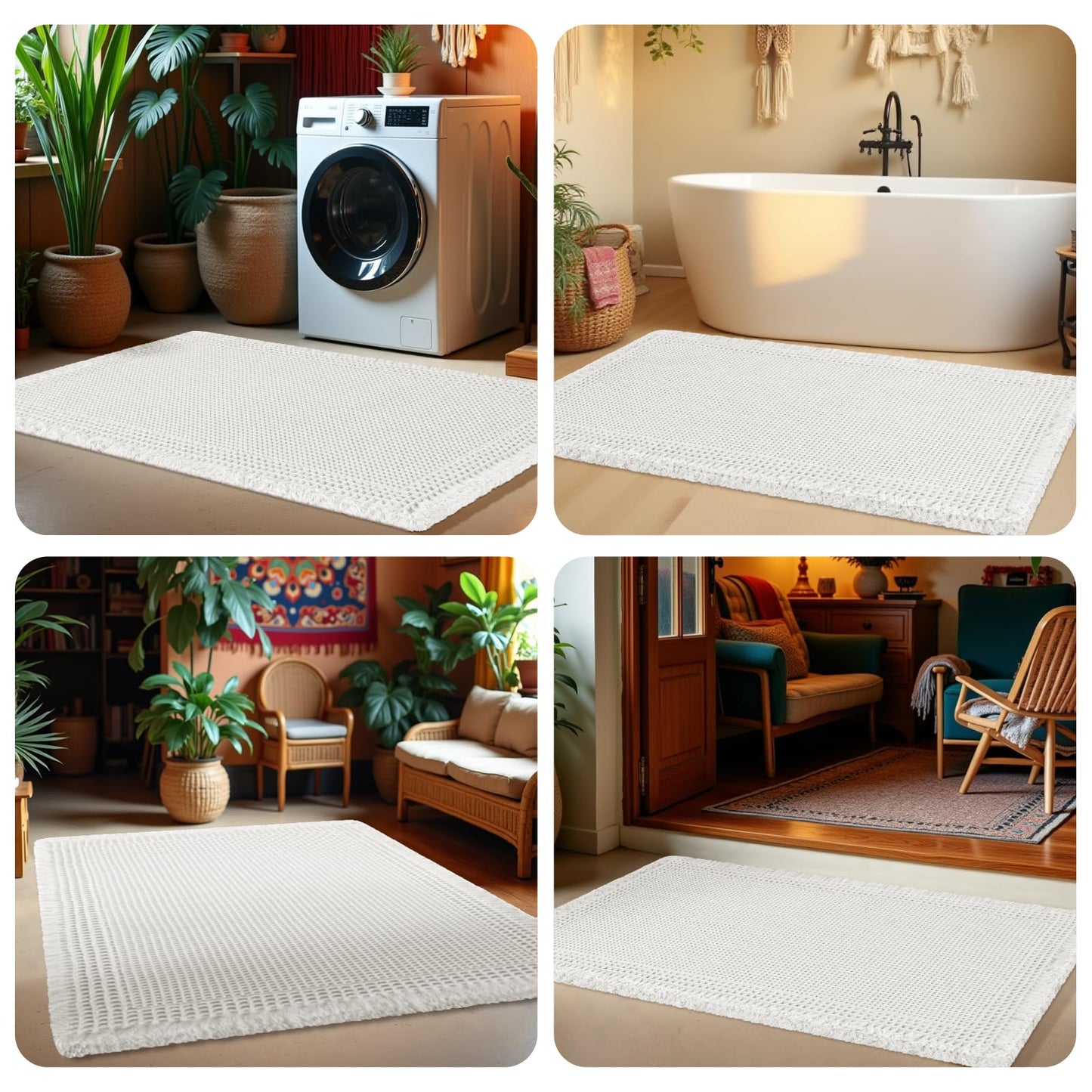 Upgrade Waffle Bath Mat, Boho Bathroom Rugs Absorbent Non Slip, Ultra Soft Bathroom Mat, Machine Washable Knit Bath Rugs with Herringbones for Bathroom, Bedroom, Kitchen, Shower, Tub, 32"x20", White