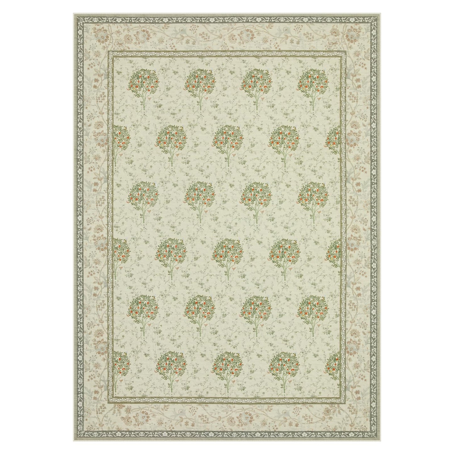 Joydeco Boho Floral Large Rugs for Living Room Nursery, Washable Beige Kids Bedroom Rug 8x10 Under Bed, Botanical Non Slip Throw Carpet for Playroom Kids Dining Room Dorm Classroom, Beige