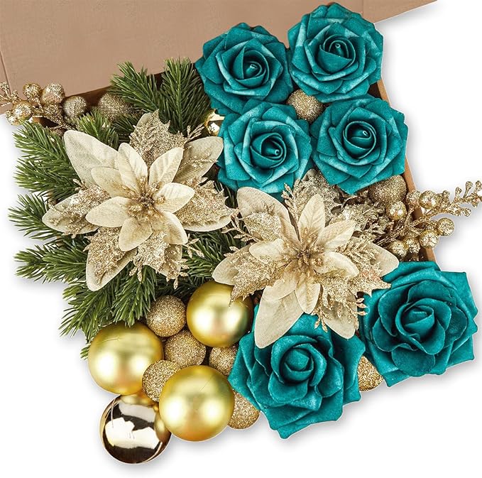 Christmas Flowers Artificial Box Set, Christmas Themed Floral Decorations for DIY Christmas Tree Ornament Wedding Birthday Wreath Decoration (B)