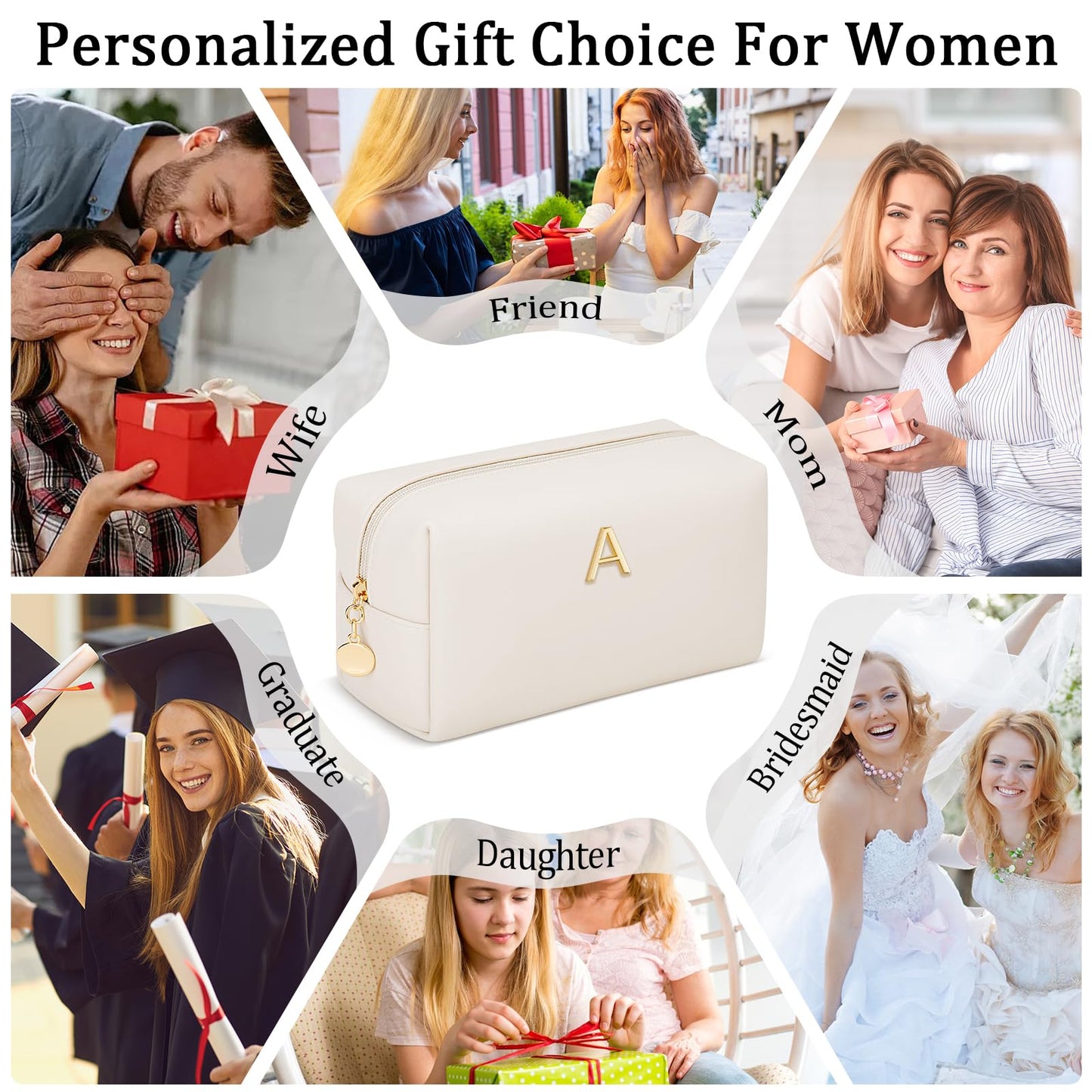 KKXIU Initial Makeup Bag for Women - Personalized Birthday Gifts Cosmetic Travel Toiletry Bag with Waterproof Soft PU Leather Customized Gifts for Friend Teacher Bridemaid (A, Beige)