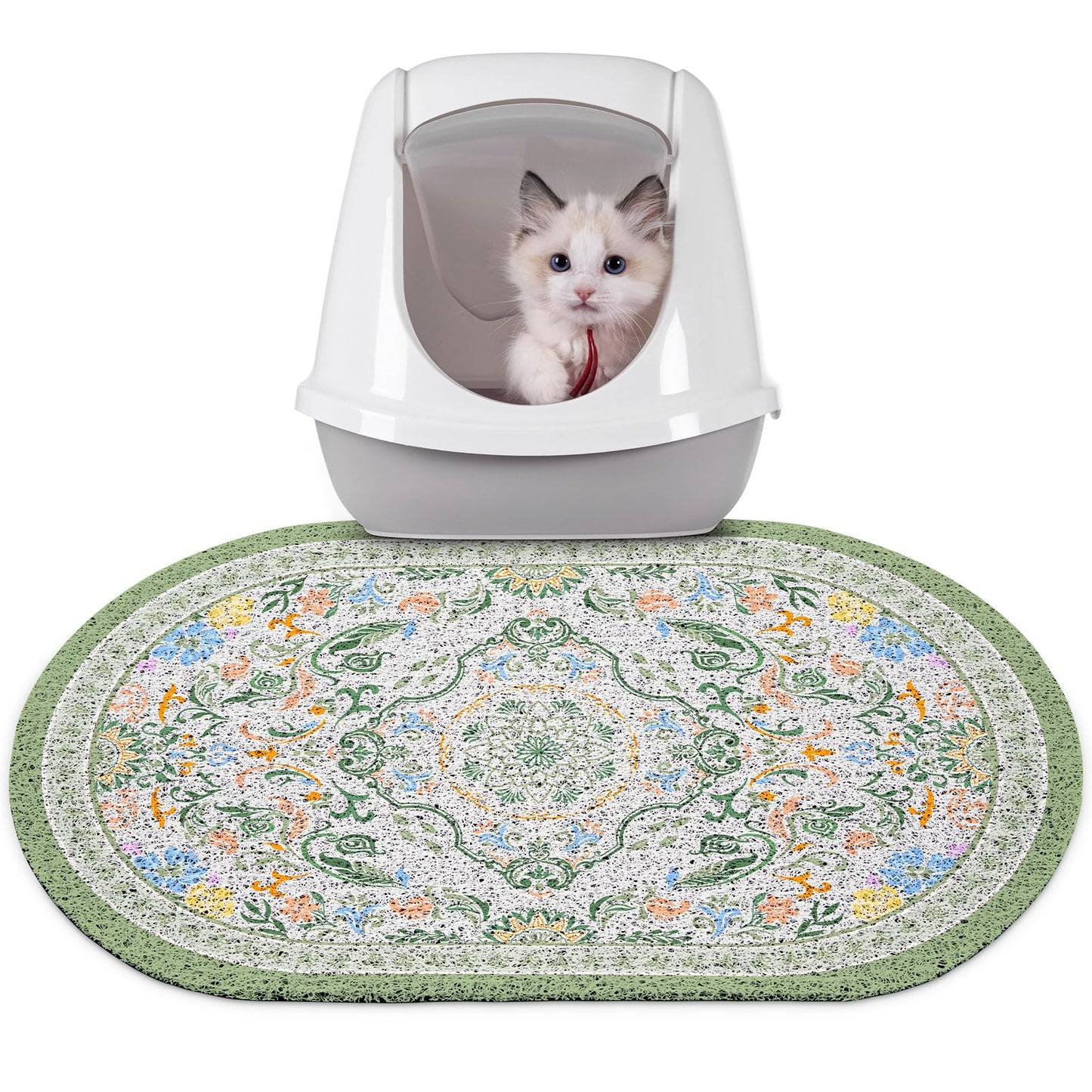 Bienbee Cat Litter Mat, 24" x 15" Litter Box Mat Rug with Non-Slip Bottom,Urine and Water Proof, Easy to Clean Cat Supplies Essentials for Indoor Kitty Kitten Floor, Bean-Green M