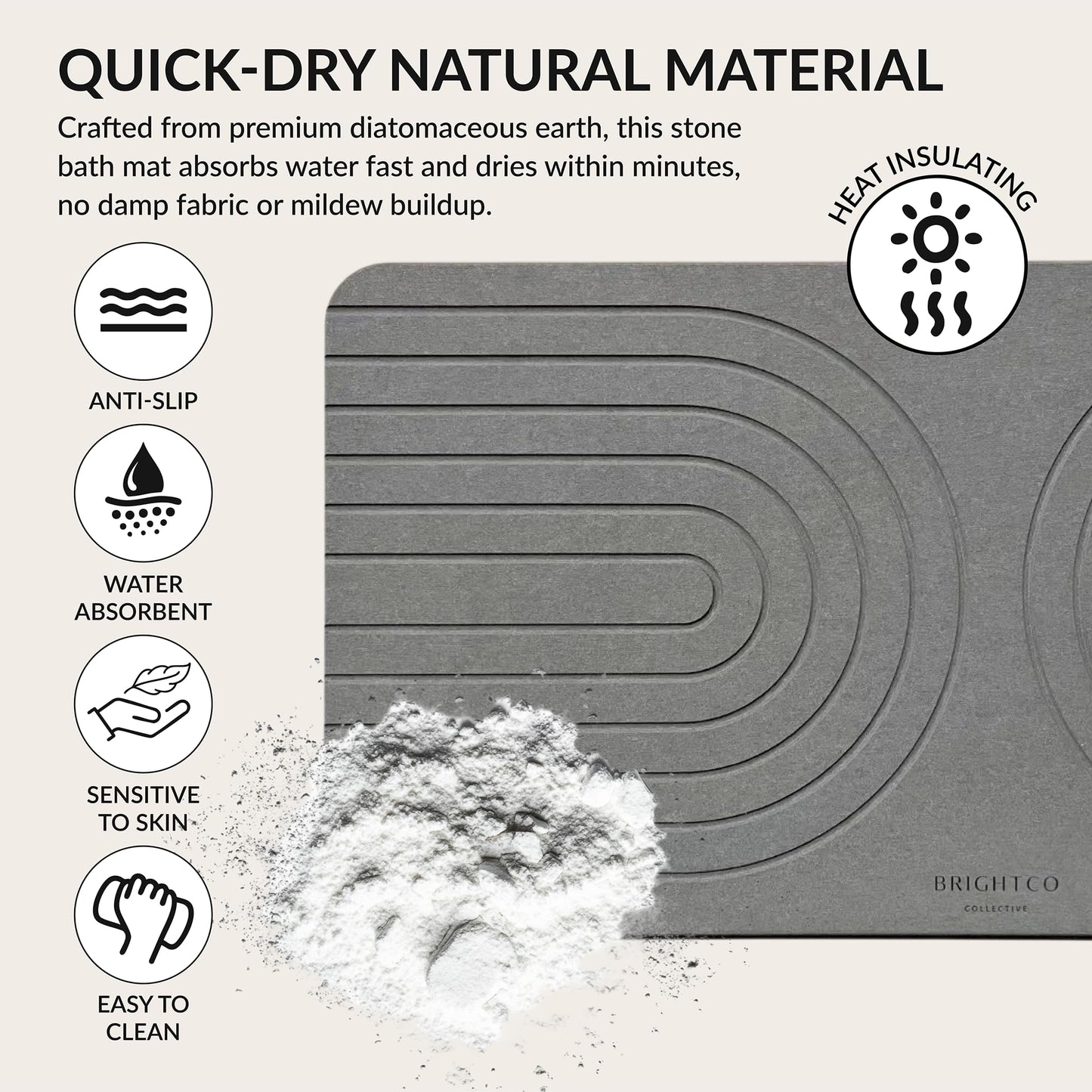 BrightCo Collective Quick Dry Stone Bath Mat – Diatomaceous Earth Foot Pad, Super Absorbent Hard Shower Rug – Modern Anti-Slip Design for Bathroom Floor, 23.6x15.3in, Deep Charcoal – The Meridian