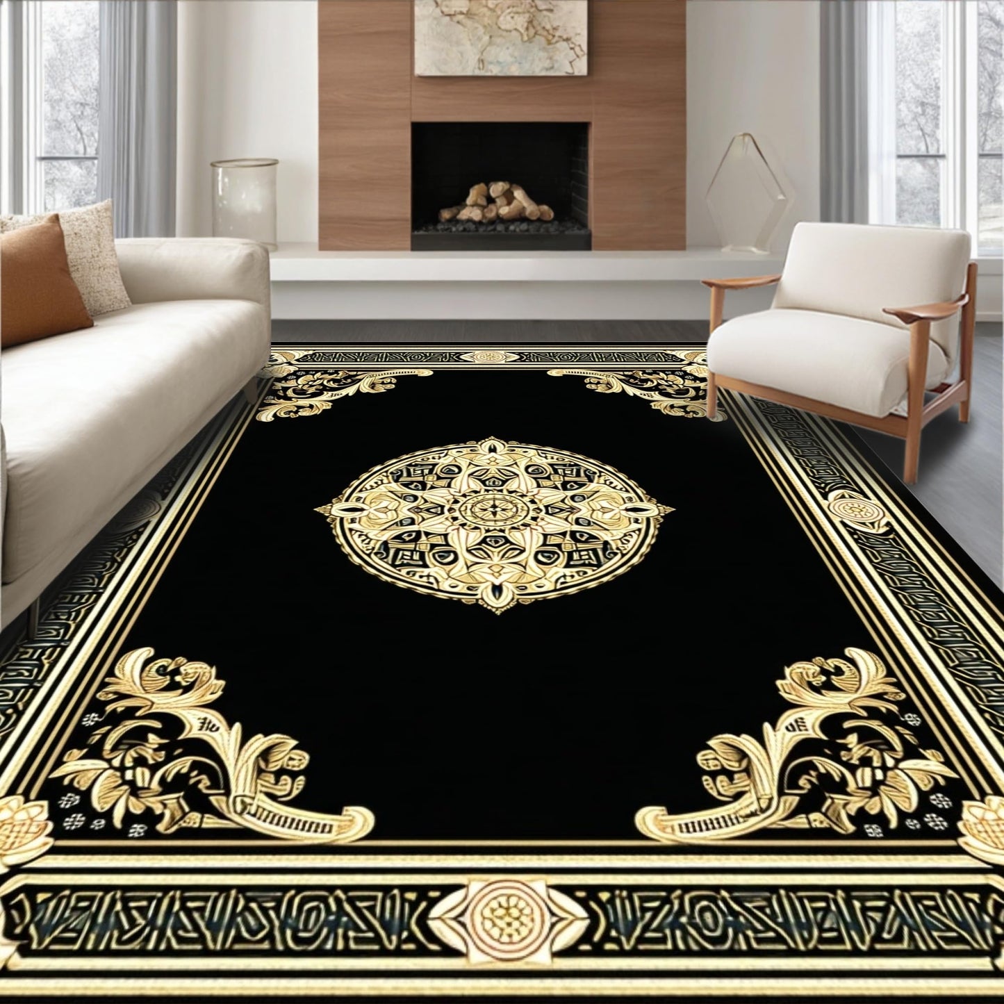 ODIKA Flatwoven High Traffic Area Rug 4x6, Machine Black Gold Medallion, Non Slip, Stain Resistant, Washable Area Rugs for Living Room, Bedroom (Black, 4x6)