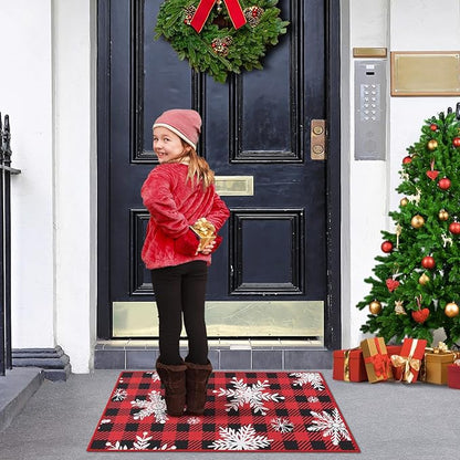 CAROMIO Christmas Doormat Holiday Xmas Buffalo Plaid Door Mat Winter Christmas Snowflakes Checkered Welcome Mat Outdoor Indoor Non Slip Decorative Entrance Floor Mat for Front Porch, 17x29 Inch