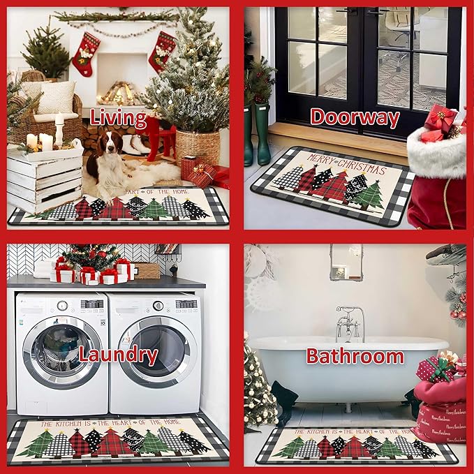 Buffalo Plaid Xmas Trees Merry Christmas Kitchen Rugs Set of 2, Christmas Indoor Floor Mats for Winter, Xmas Door Mat Runner Rug for Kitchen Home Decor 17"x47"+17"x30"