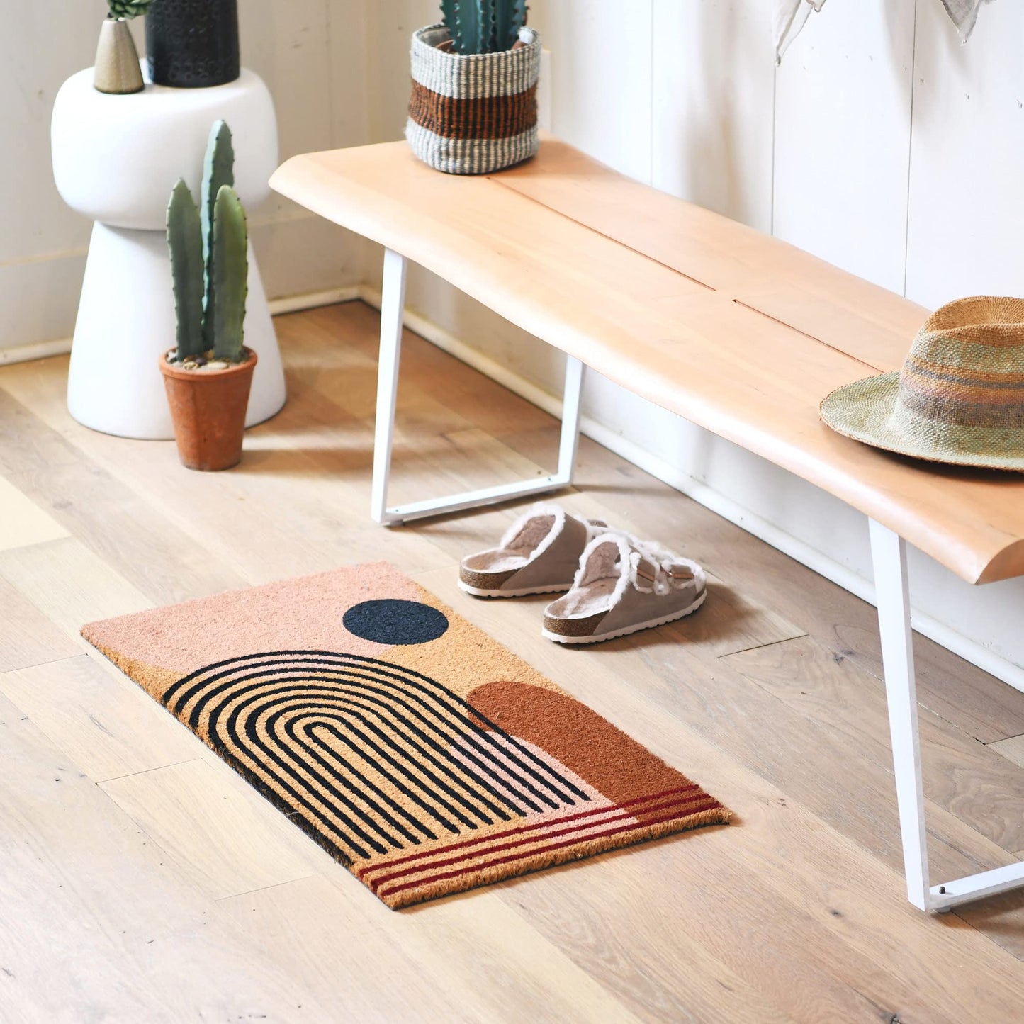 Main + Mesa Geometric Coir Doormat with Non-Slip PVC Backing, Curved Geo