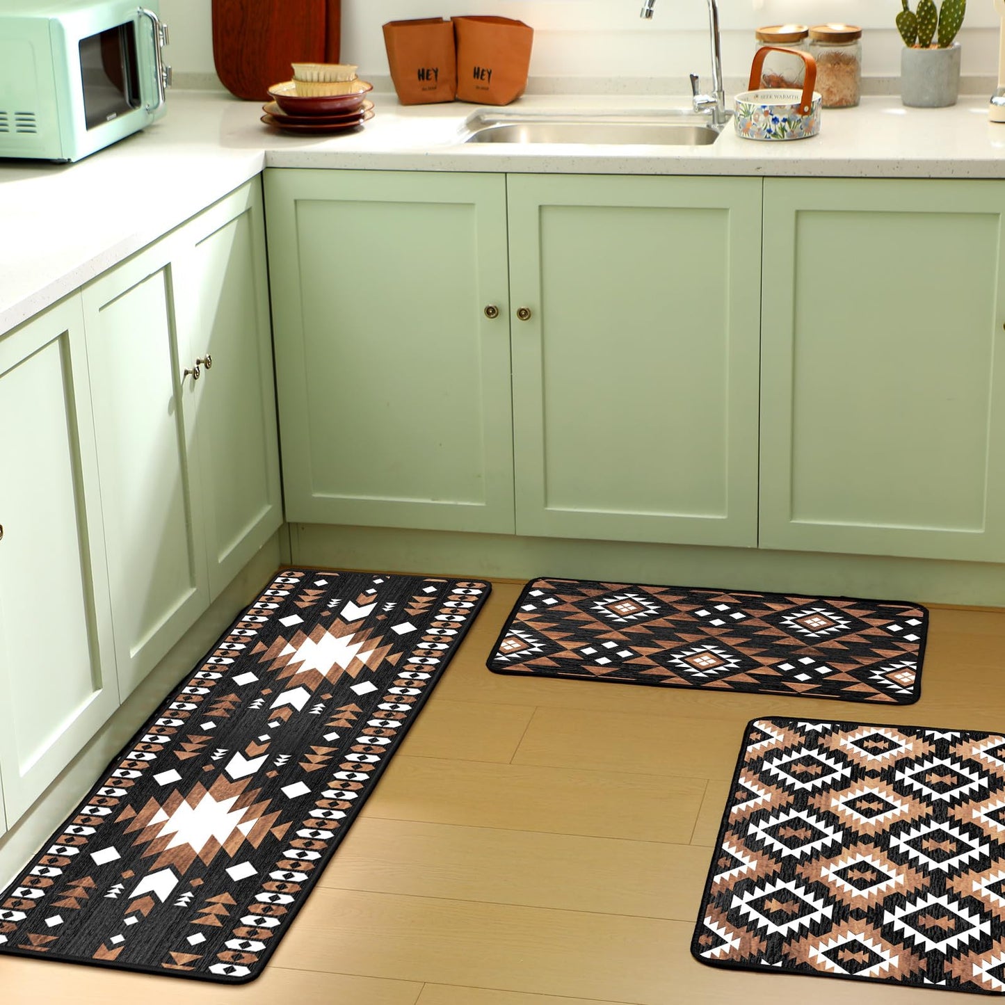 Drydiet 3 Pcs Aztec Western Kitchen Rugs and Mats Set Boho Farmhouse Non Slip Rug Geometric Waterproof Floor Mat Aztec Western Decor for Kitchen Home Entryway Bar Office Bathroom Door Party Decor