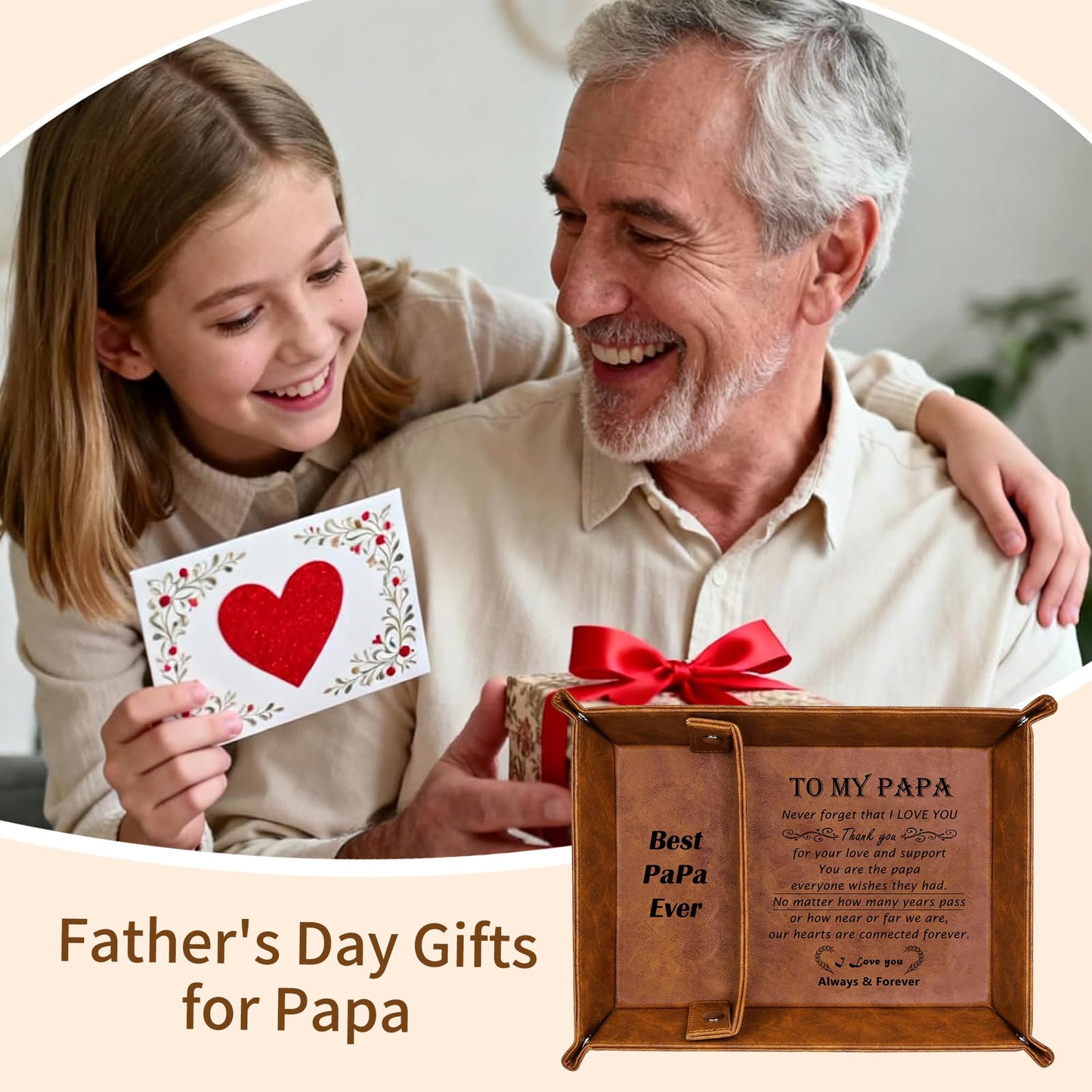 Papa Grandpa Gifts for Fathers Day PU Leather Valet Tray and Keychain, Father's Day Birthday Gift for Grandpa from Granddaughter Grandson, Men Gift for Grandpa Grandfather Presents Useful Stuff