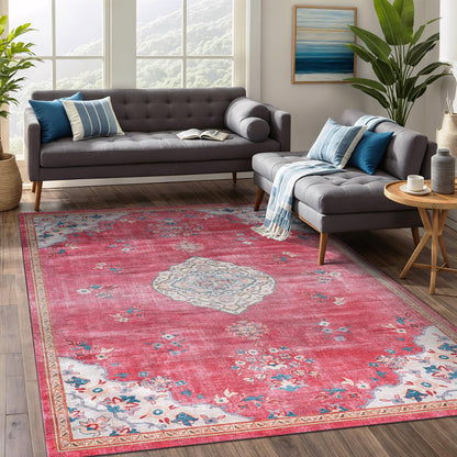 Beverly Rug Non Slip Rugs 5x7 Boho Medallion Floral Non Skid Rubber Backing Easy Silk Soft Area Rug for Living Room Easy to Clean Non Shedding Kitchen Bedroom Indoor Carpet (5 x 7 Fuchsia - Cream)