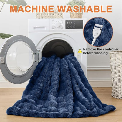 Heated Blanket Electric Throw Blanket 62''X 84''-Heating Blanket with 6 Heat Settings-10 Hours Auto Off,Cozy Faux Rabbit Fur Bubble Electric Blanket,Navy Blue