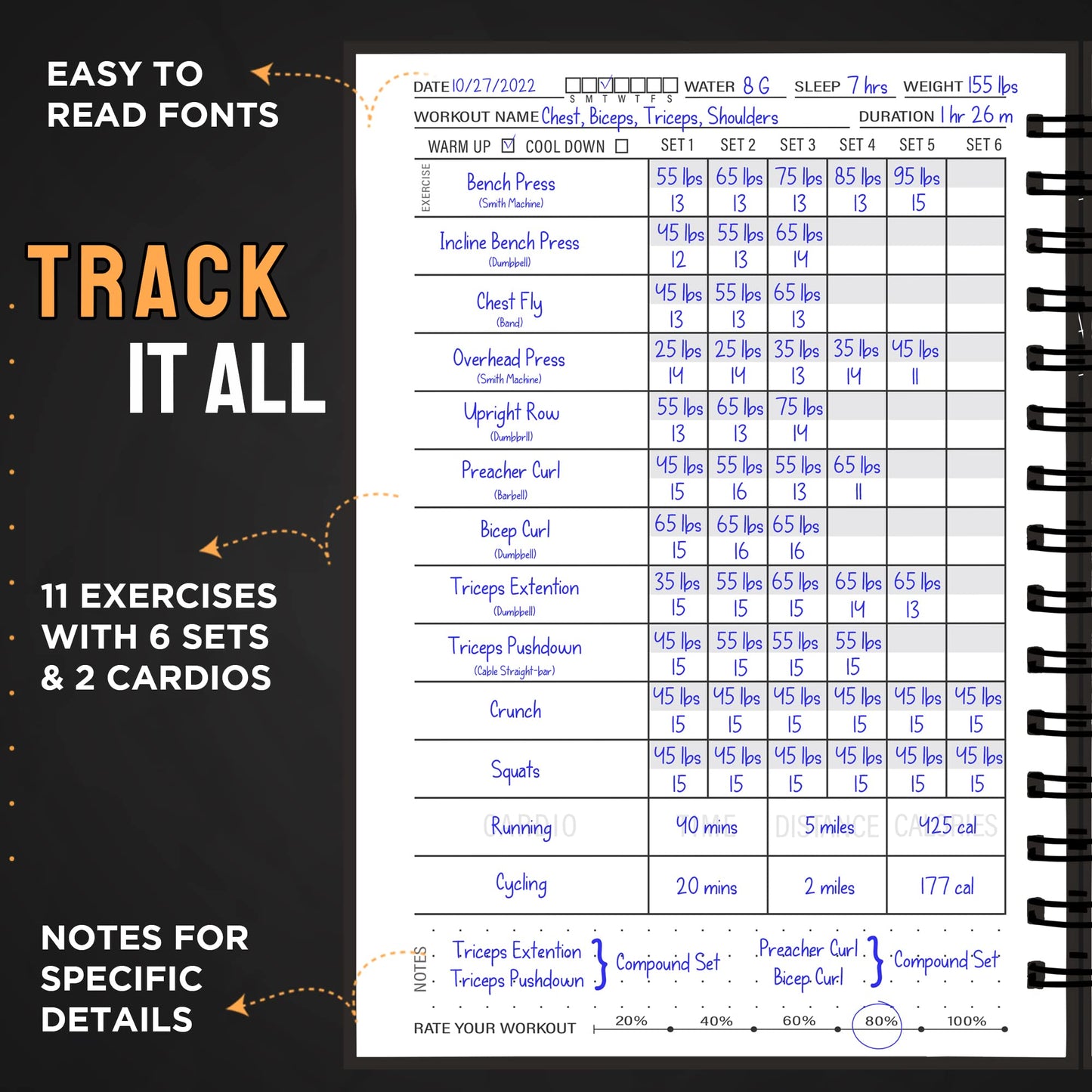 Nextnoid Hardcover Fitness Journal Workout Planner for Men & Women - A5(5.7" x 8.3") Sturdy Workout Log Book to Track Gym & Home Workouts