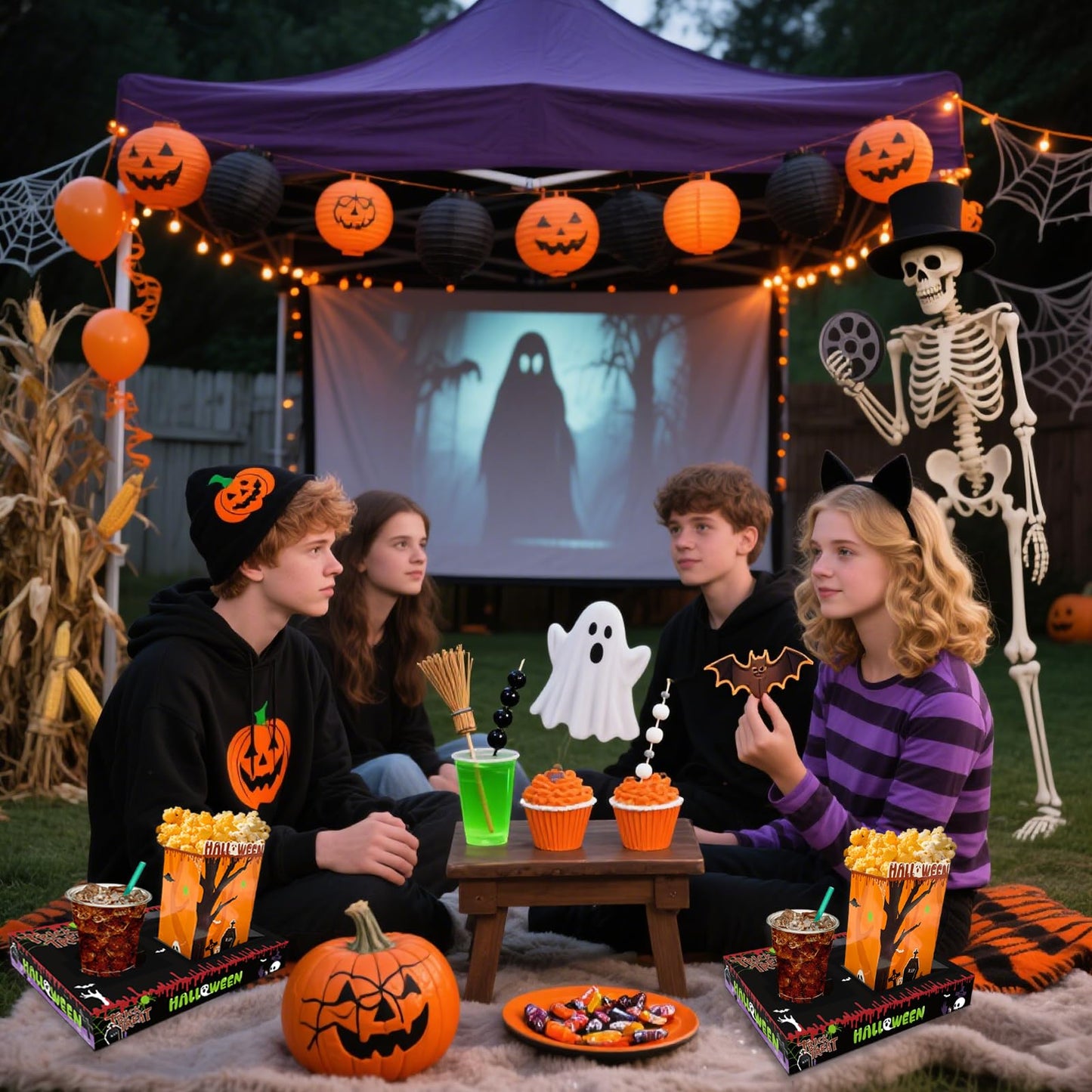 Movie Night Supplies(24pcs)-Neon Style Movie Night Snack Trays*12+Popcorn Buckets*12,Kid's Birthday Party,Game Night,Movie Night Snack Trays with Popcorn Bags. (Horror theme)