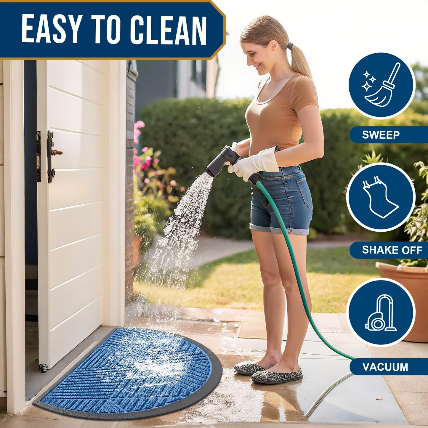 Smiry Half Circle Front Door Mat Outside Entrance, Heavy Duty Sturdy Natural Rubber Doormat, Trap Dirt and Moisture, Low Profile Mats for Indoor Outdoor Entry, Irregular Triangle (29.5x17, Blue)