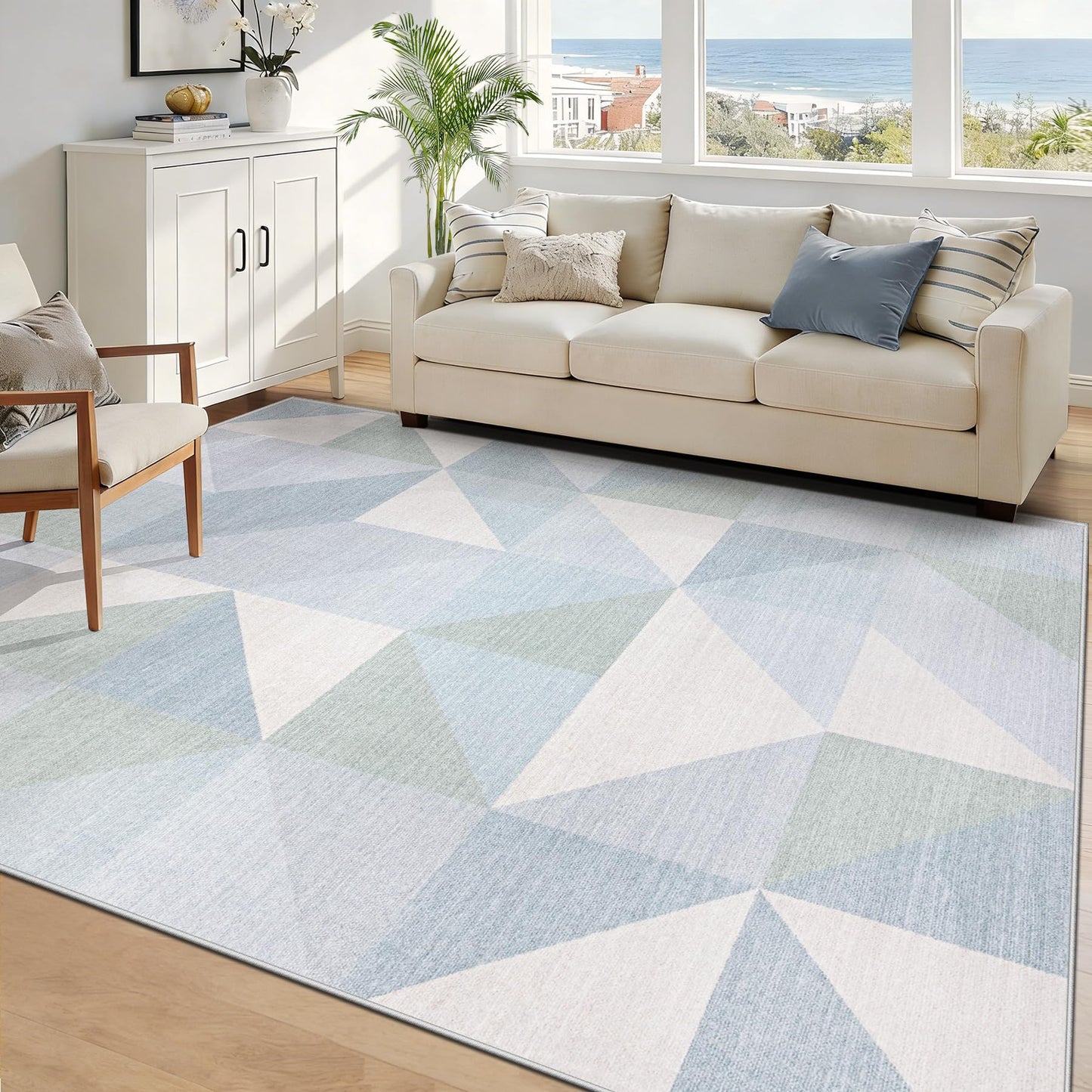 Washable Rug 6x9 Area Rugs: Modern Geometric Area Rug for Living Room Non-Slip Neutral Soft Carpet Low Pile Stain Resistant Indoor Rugs for Bedroom Nursery Dining Room Office (Light Blue, 6'X9')