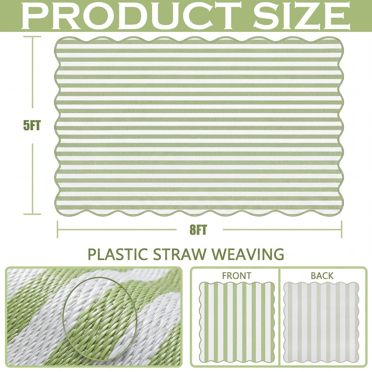 Klyyo Clyro Green Scalloped Outdoor Plastic Straw Rugs 5x8 ft Reversible Camping Rug Waterproof Striped Patio UV Resistant Mat Foldable Indoor Outdoor for Outside Beach Pool Patio Backyard Deck