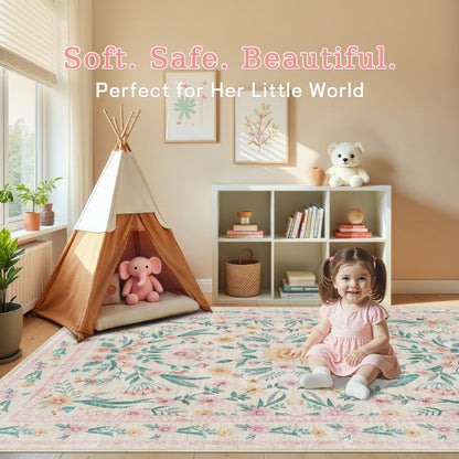 Dadasgk 5x7 Pink Floral Nursery Rug,Pink Rugs for Bedroom Girls,Machine Washable Non Slip Soft Faux Wool Carpet,Cute Boho Indoor Area Rugs for Kids Room or Playroom