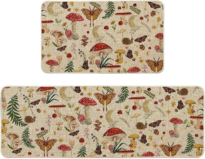 Artoid Mode Mushrooms Butterfly Spring Kitchen Mats Set of 2, Home Decor Low-Profile Kitchen Rugs for Floor - 17x29 and 17x47 Inch
