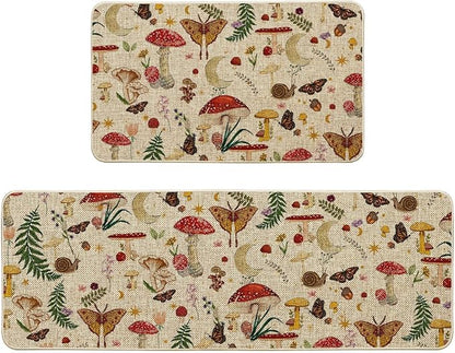 Artoid Mode Mushrooms Butterfly Spring Kitchen Mats Set of 2, Home Decor Low-Profile Kitchen Rugs for Floor - 17x29 and 17x47 Inch