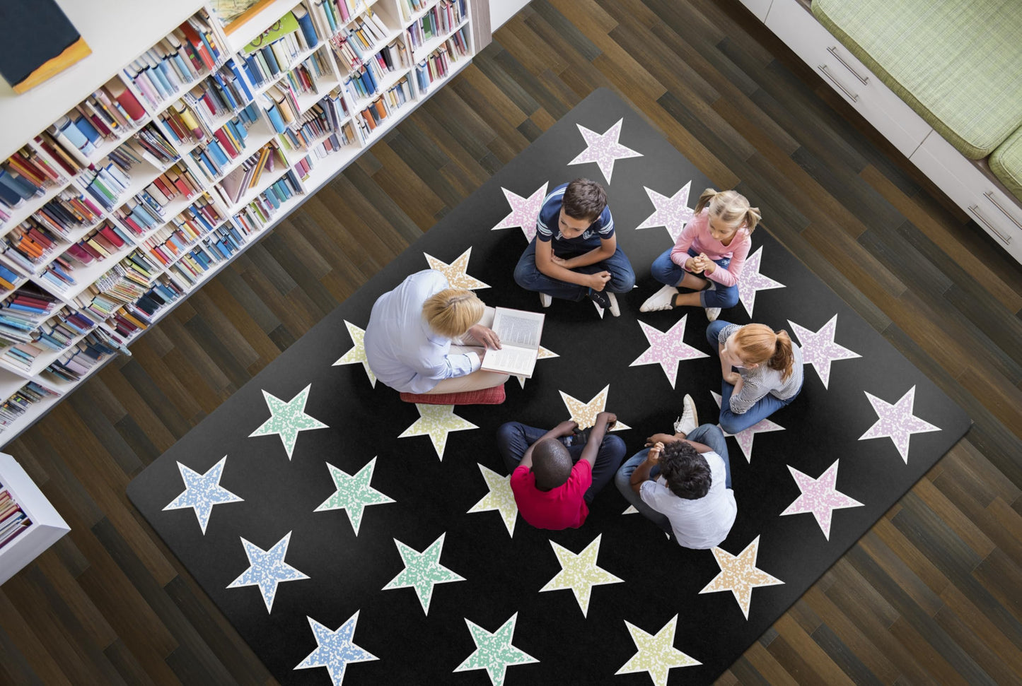 Flagship Carpets Composition Stars Pastel Classroom Educational Area Rug for Kids and Teachers, Durable Quality for Schools, Preschool, Daycare, Learning Centers, and Home, 10'6" x 13'2" - Black