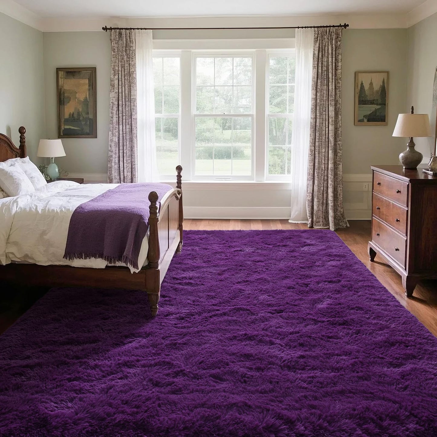 Rtizon Shag Area Rug for Bedroom, 8x10 Feet Fluffy Rugs for Living Room, Plush Carpet with Non-Slip Bottom for Office Girls Boy's Bed Bedside Nursery Room, Dark Purple