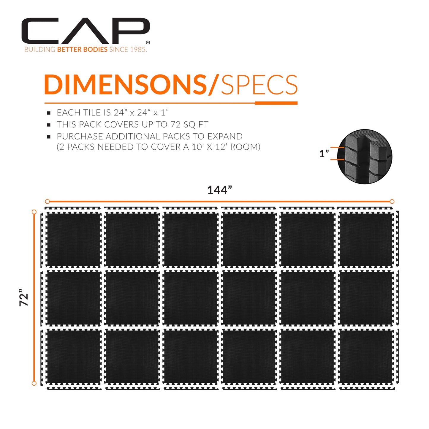 CAP Barbell 1-Inch Interlocking EVA Foam Exercise Puzzle Mat Home Gym Flooring - 3 Pack | 24" x 24" x 1" | T Pattern - Black