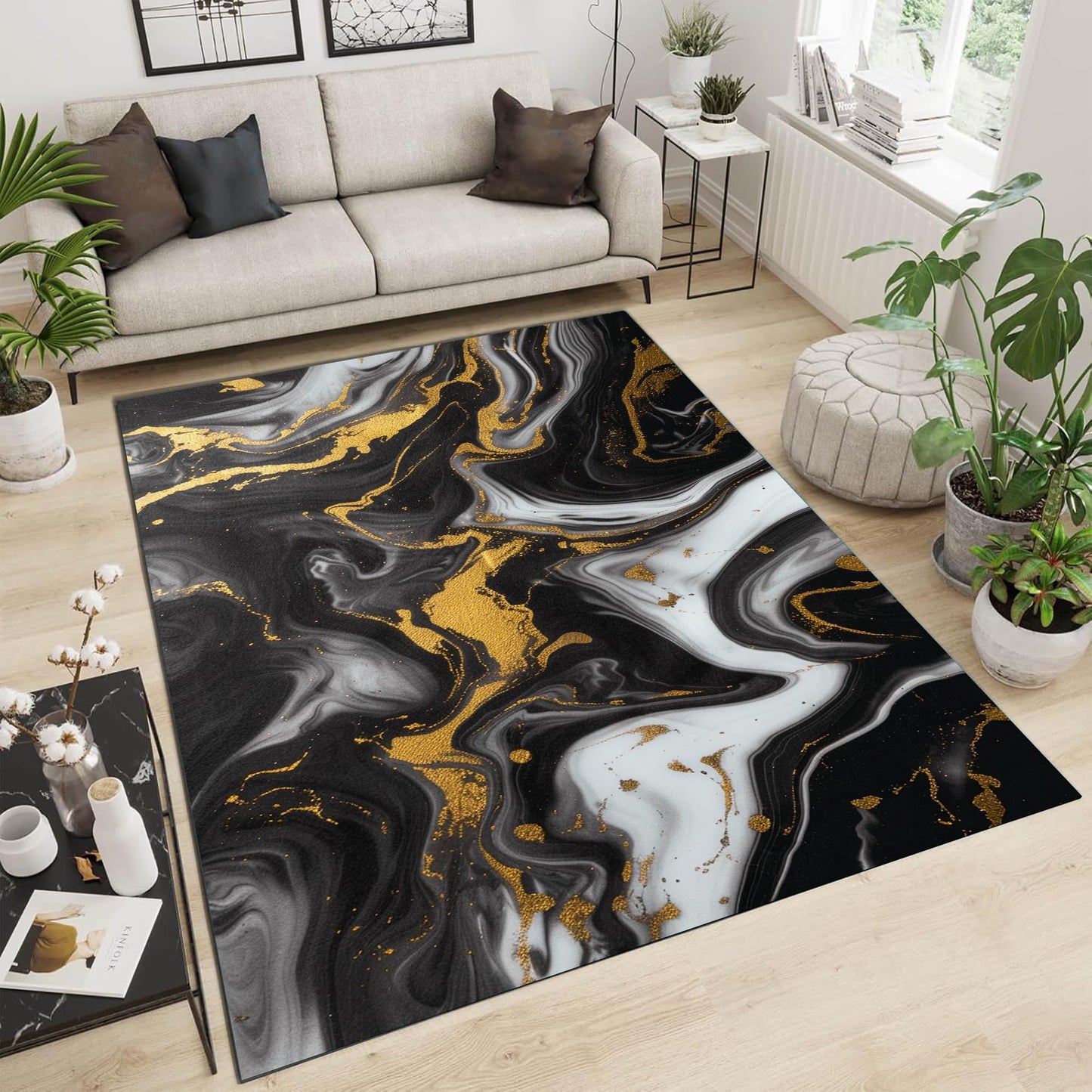 EDGZKO Black White and Gold Rugs: 5x8 Feet Abstract Marble Swirl Area Rug Washable Modern Carpet Floor Mat for Livingroom Bedroom Diningroom Kitchen Dorm Office Classroom Laundry