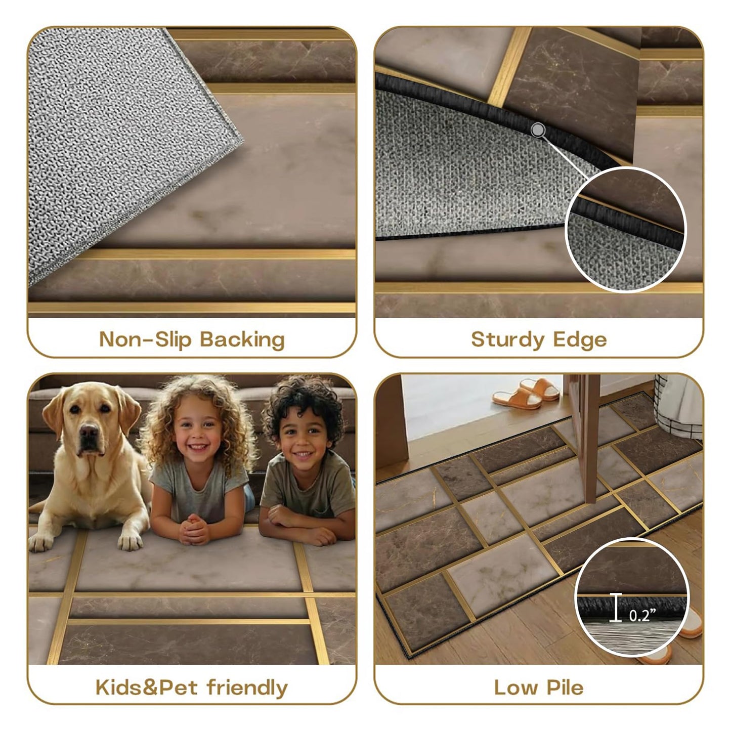 Abstract Brown Runner Rugs 2x10ft, Mid Century Rug for Hallways Gold Brown Geometry Runner Rugs Non Slip Kitchen Mats - Exciting Abstract Decorative Carpet