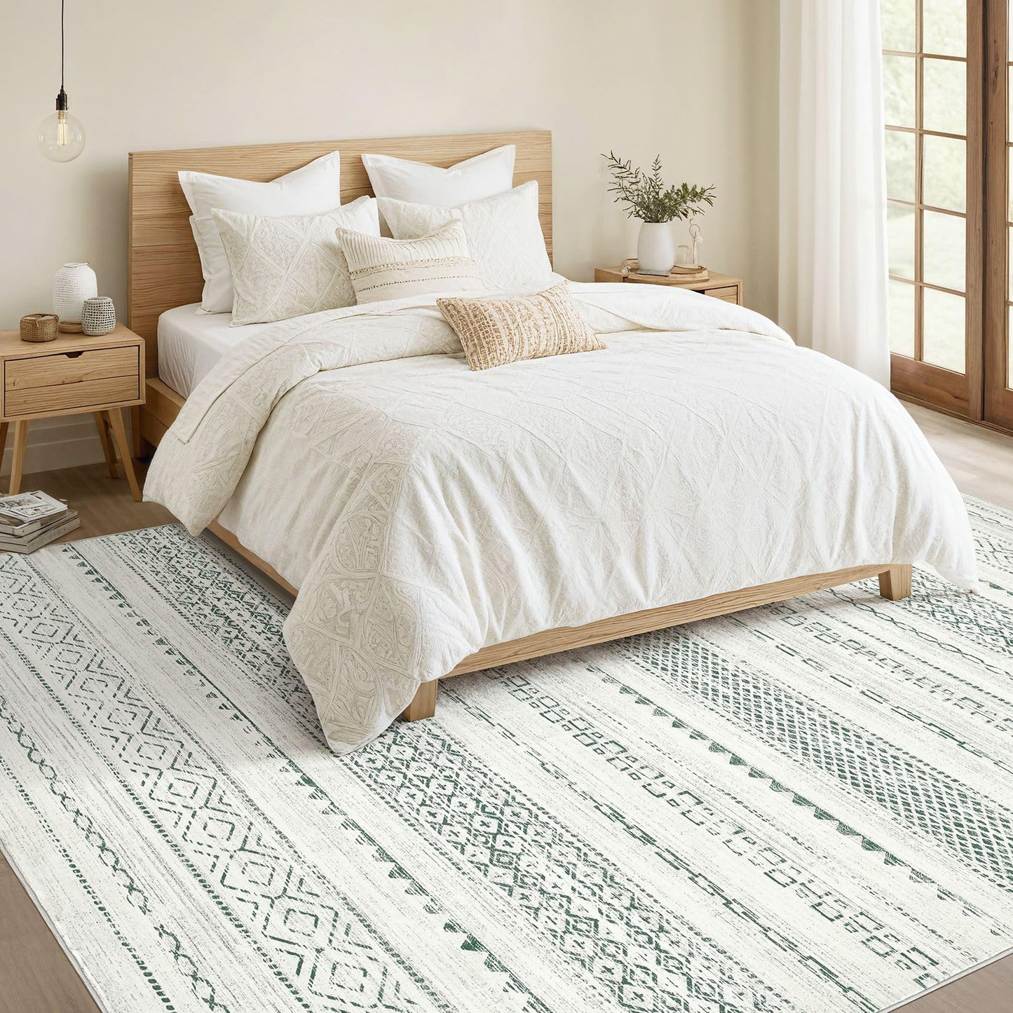 Nakagishi Green Rug Living Room 5x7: Washable Boho Large Neutral Farmhouse Soft Area Rugs Modern Stain Resistant Moroccan Indoor Non Slip Floor Carpet for Bedroom Nursery Kids Playroom Office