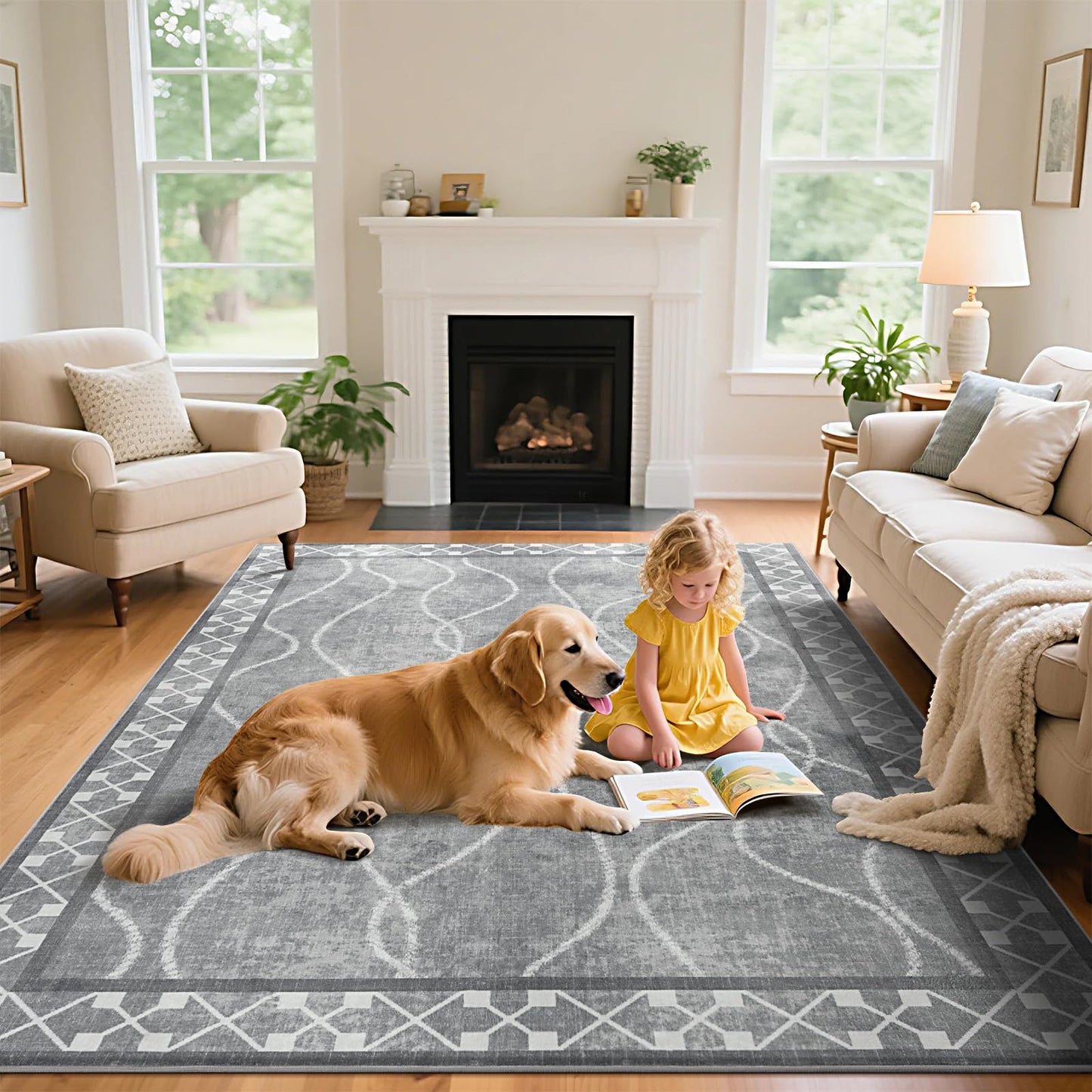 Woottpe 4x6 Area Rugs for Living Room Bedroom, Machine Washable Low Pile Rugs, Non Slip Modern Bordered Print Indoor Carpet for Entryway Office Dining Room Dorm Home Decor,Light Grey