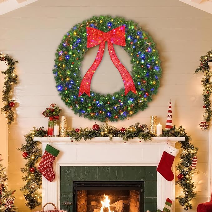48in Christmas Wreath, 250 LED Lights (Warm White & Color, 10 Lighting Modes), Glowing Red Bow, 714 PVC Branch Tips, Power Plug-in, with Hooks, Holiday Decoration, Outdoor Door Decoration