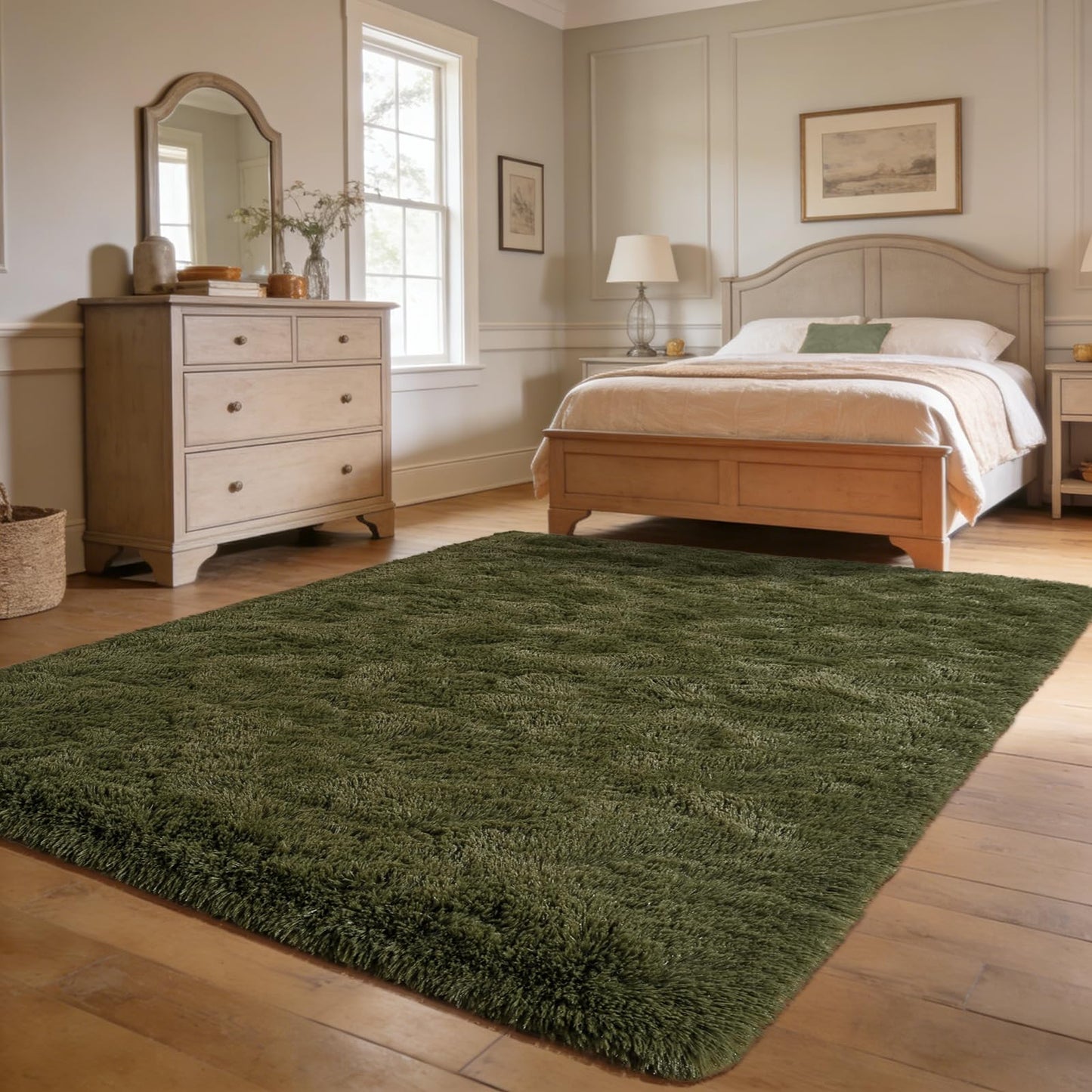 Andecor Shag Area Rug for Living Room, 5 x 8 Feet Olive Green Soft Fluffy Indoor Plush Throw Rugs for Bedroom Girls Kids Room Nursery Dorm Home Decor Carpet