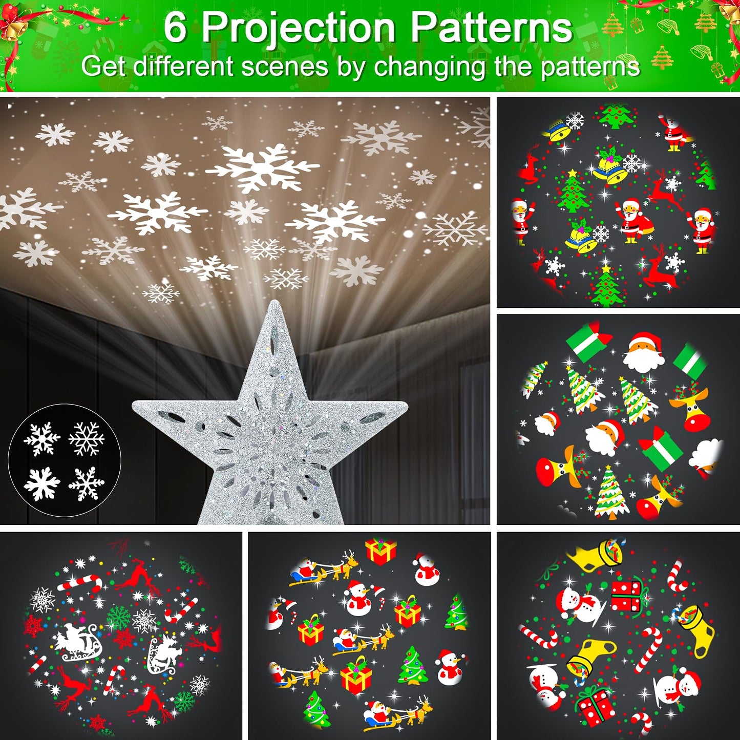 Christmas Tree Topper Projector Lights with 6 Projection Modes, Sliver Star Christmas Tree Topper with Built-in LED Projector, Dynamic Projection for Christmas Party Holiday Decoration