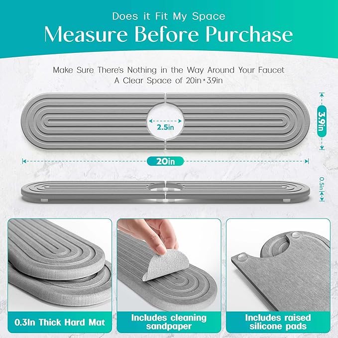 Stone Faucet Mat for Kitchen Sink – Diatomite Fast-Drying Stone Tray, Faucet