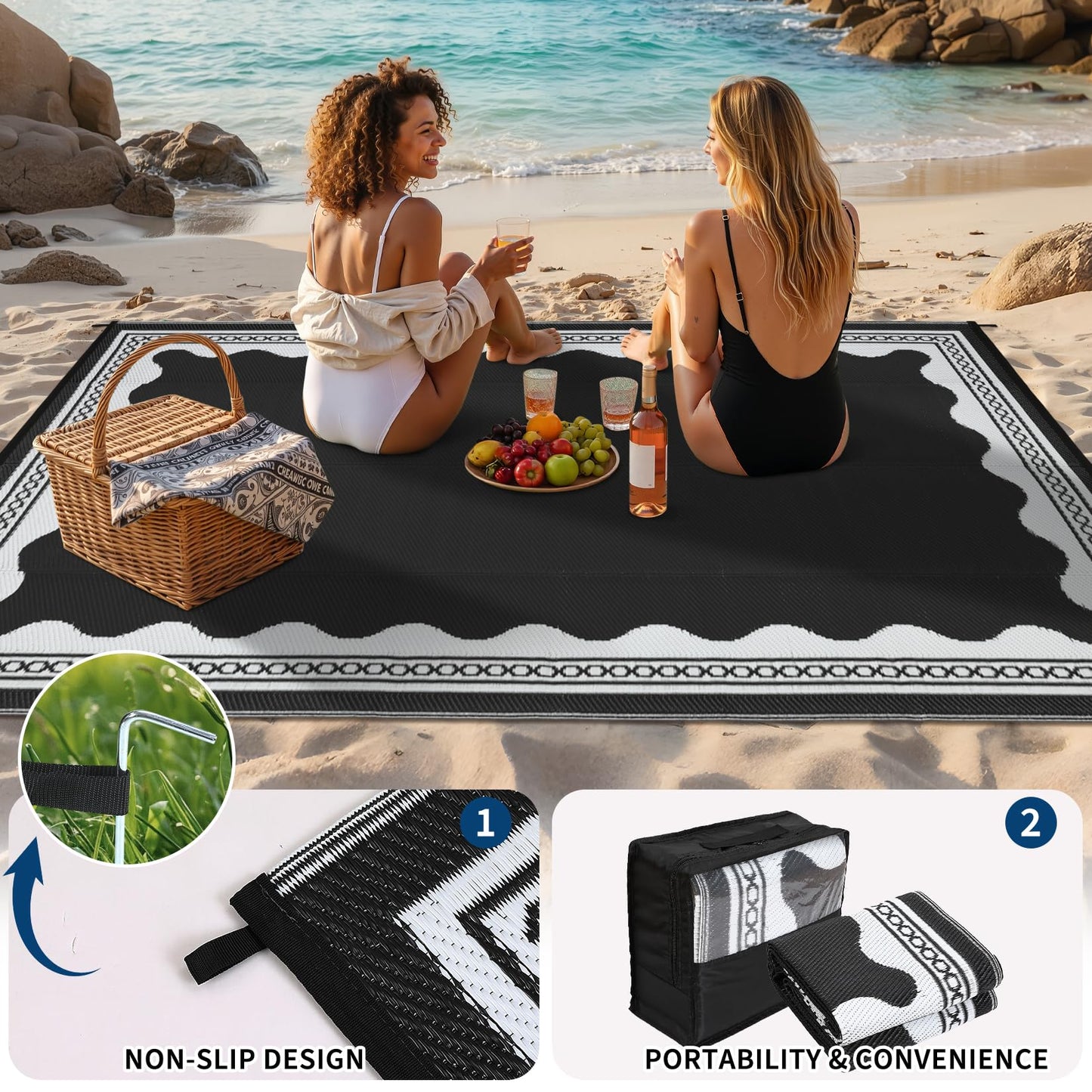 Garvee Outdoor Rug 8x10 Scalloped Waterproof Patio RV Outdoor Rugs Reversible Foldable Plastic Straw Rug Modern Camping Carpet for Deck Camper Porch Balcony Backyard Picnic Beach Black and White