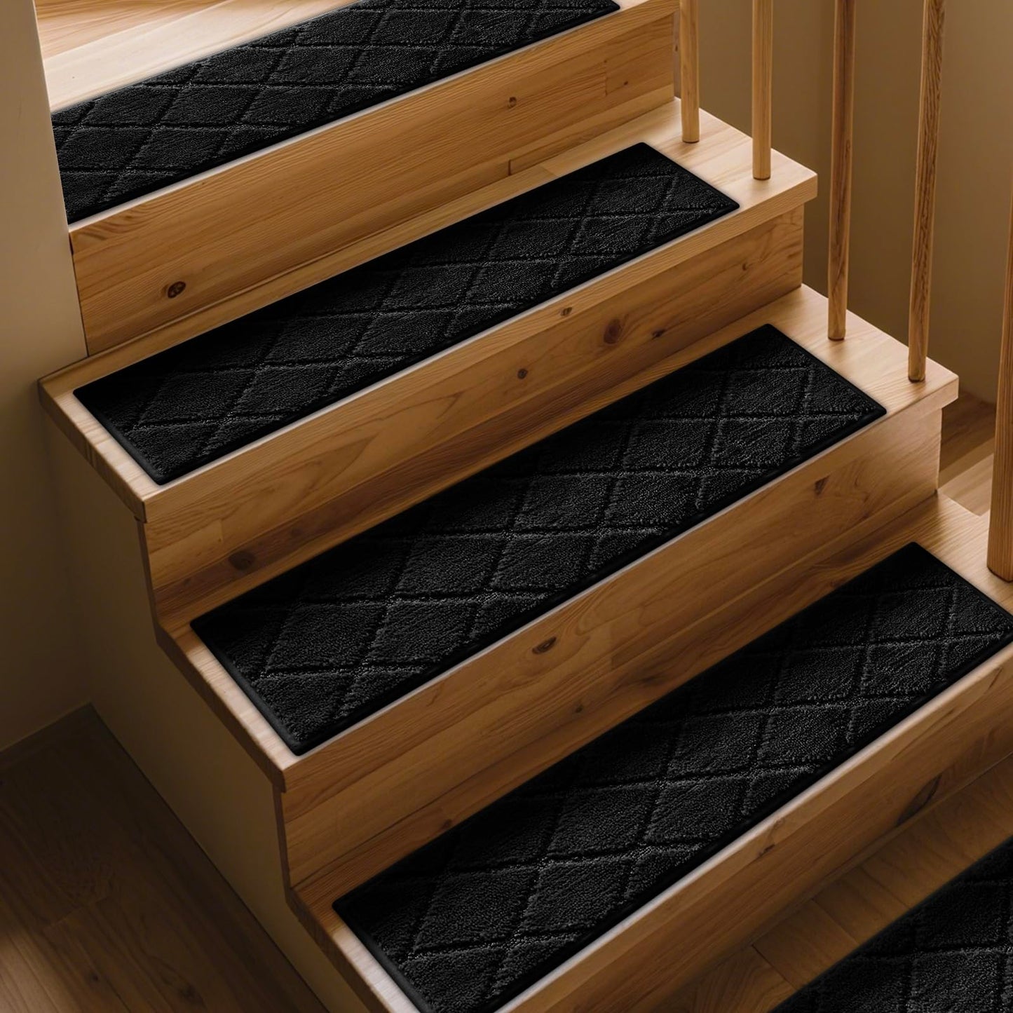 CELION Edged Non-Slip Stair Treads for Wooden Steps (30x8 Inches), 13mm Thick Tufted Carpet Mats, Indoor Stair Runners for Pets & Kids, 100% Polyester TPR Backing – No Residue (Black, 12pc)