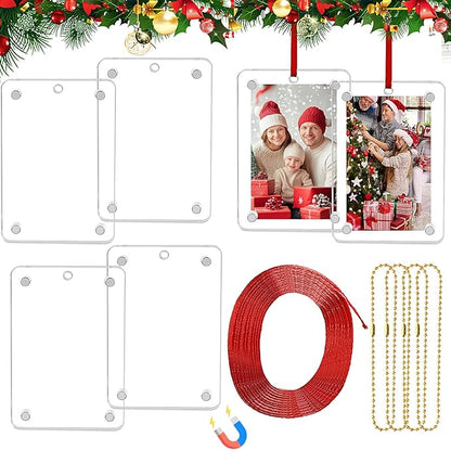 Christmas Photo Ornament Set of 4, 2x3 Inch Clear Acrylic Hanging Picture Frame for Family Photo, Christmas Tree, Holiday Decoration, Multifunctional Magnetic Picture Frames for Car and Fridge Decor