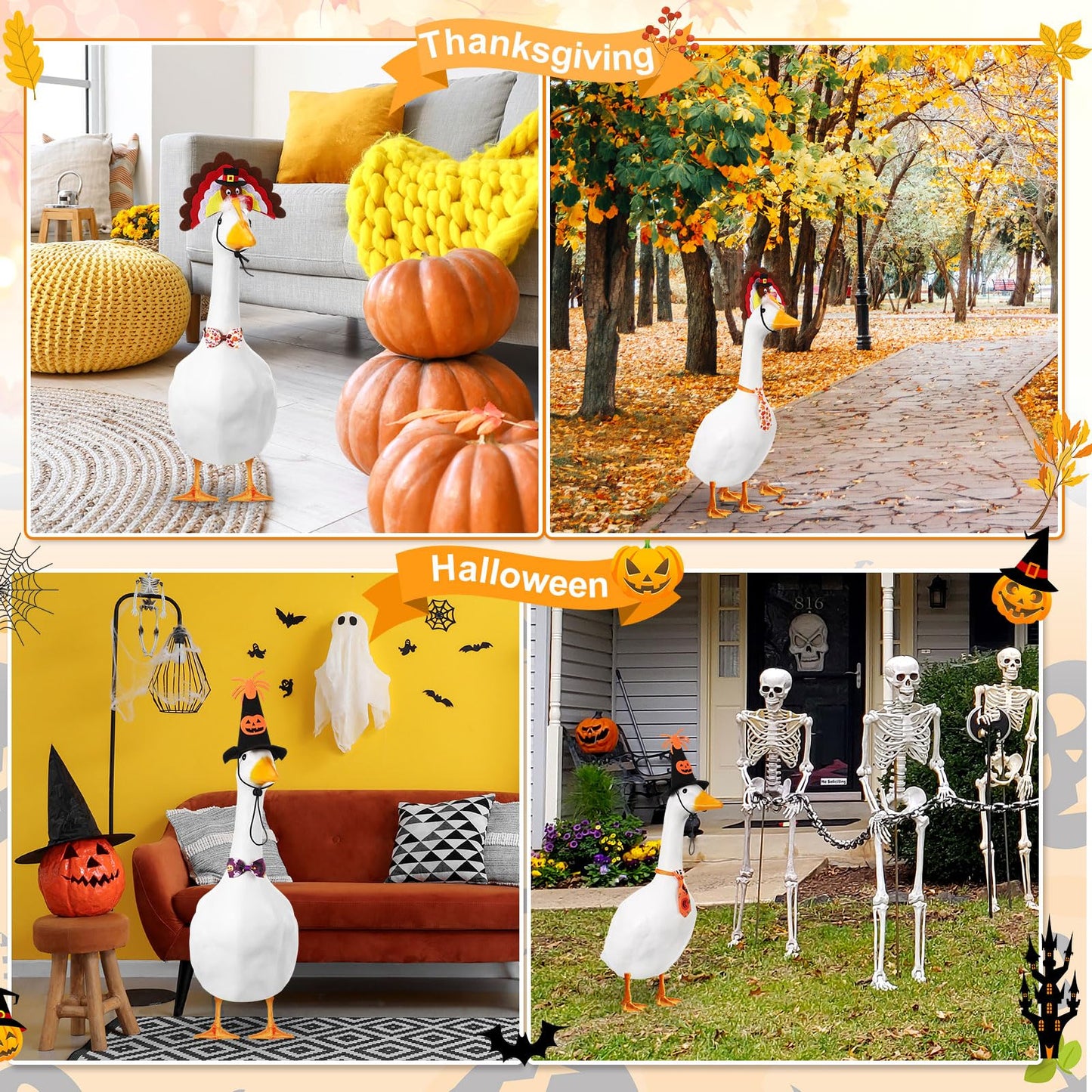 Weysat 8 Set Holiday Porch Goose Outfits All Season Holiday Bundle 4th of July Fall Halloween Christmas St. Patrick Easter Lawn Porch Geese Clothes Hat Bowtie Tie Outfit for 23" Goose Patio Yard Decor