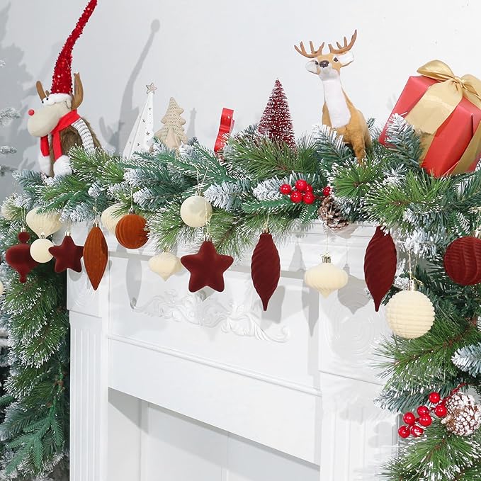 SY Super Bang 30PCS Velvet Christmas Ornaments Set, Flocked Shatterproof Assorted Hanging Xmas Tree Ball Decorations, for Home Party Holiday Decor, Coffee, Beige